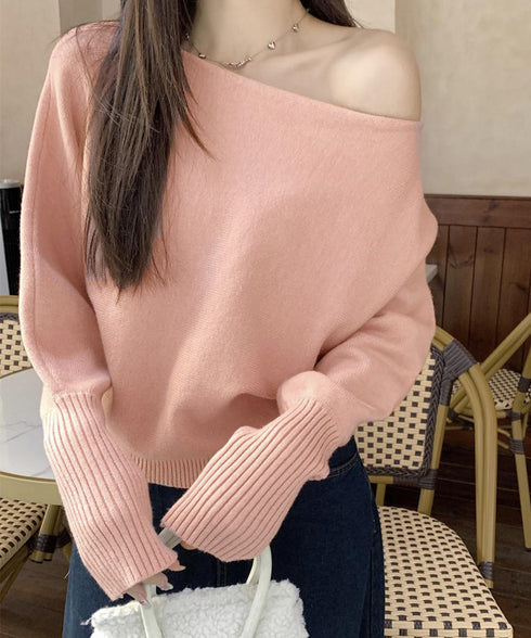 ボートネックニットトップスオフショルダー ニットプルオーバー レディース オフィスカジュアル ニットセーター きれいめ ワンショルダーニット 通勤通学ニットウェア 24TPS-061