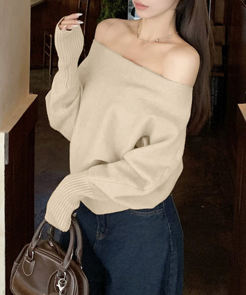 ボートネックニットトップスオフショルダー ニットプルオーバー レディース オフィスカジュアル ニットセーター きれいめ ワンショルダーニット 通勤通学ニットウェア 24TPS-061