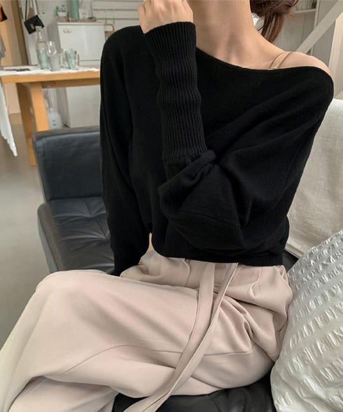 ボートネックニットトップスオフショルダー ニットプルオーバー レディース オフィスカジュアル ニットセーター きれいめ ワンショルダーニット 通勤通学ニットウェア 24TPS-061