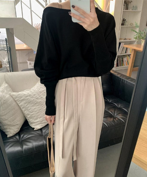 ボートネックニットトップスオフショルダー ニットプルオーバー レディース オフィスカジュアル ニットセーター きれいめ ワンショルダーニット 通勤通学ニットウェア 24TPS-061