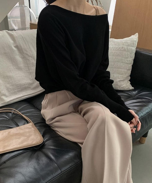 ボートネックニットトップスオフショルダー ニットプルオーバー レディース オフィスカジュアル ニットセーター きれいめ ワンショルダーニット 通勤通学ニットウェア 24TPS-061