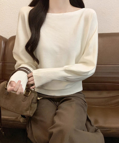 ボートネックニットトップスオフショルダー ニットプルオーバー レディース オフィスカジュアル ニットセーター きれいめ ワンショルダーニット 通勤通学ニットウェア 24TPS-061