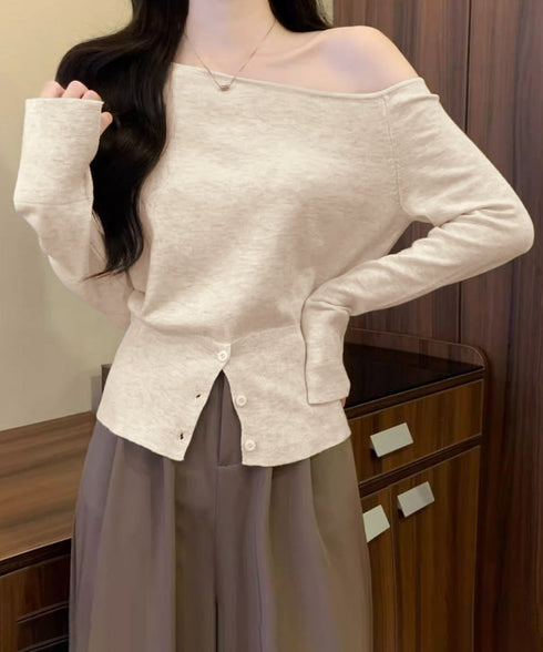 ワンショルダーニットトップス裾ボタン秋服 レディース 大人カジュアルニットプルオーバー きれいめ 肩出しニットウェア 肩見せ 長袖ニットセーター 韓国風ニットソー 24TPS-062