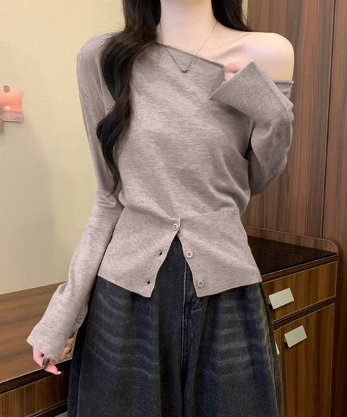 ワンショルダーニットトップス裾ボタン秋服 レディース 大人カジュアルニットプルオーバー きれいめ 肩出しニットウェア 肩見せ 長袖ニットセーター 韓国風ニットソー 24TPS-062