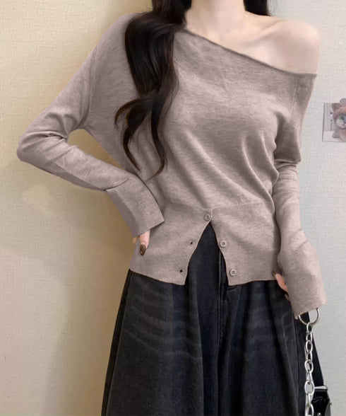 ワンショルダーニットトップス裾ボタン秋服 レディース 大人カジュアルニットプルオーバー きれいめ 肩出しニットウェア 肩見せ 長袖ニットセーター 韓国風ニットソー 24TPS-062