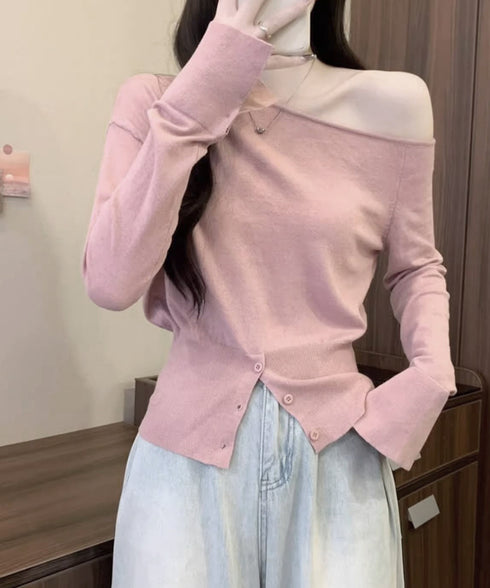 ワンショルダーニットトップス裾ボタン秋服 レディース 大人カジュアルニットプルオーバー きれいめ 肩出しニットウェア 肩見せ 長袖ニットセーター 韓国風ニットソー 24TPS-062