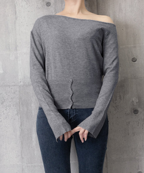 ワンショルダーニットトップス裾ボタン秋服 レディース 大人カジュアルニットプルオーバー きれいめ 肩出しニットウェア 肩見せ 長袖ニットセーター 韓国風ニットソー 24TPS-062
