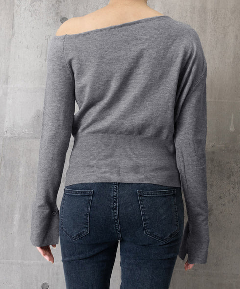 ワンショルダーニットトップス裾ボタン秋服 レディース 大人カジュアルニットプルオーバー きれいめ 肩出しニットウェア 肩見せ 長袖ニットセーター 韓国風ニットソー 24TPS-062