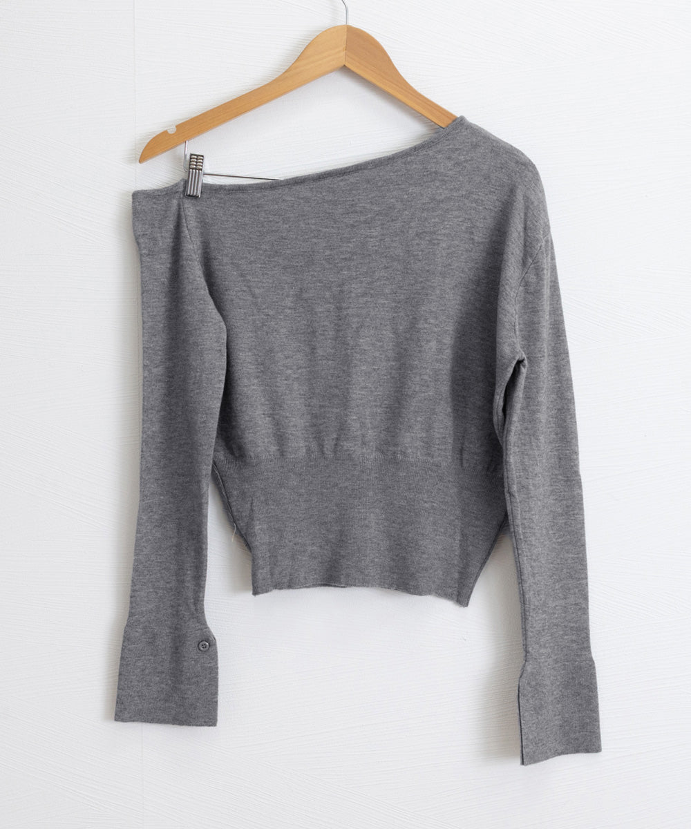 ワンショルダーニットトップス裾ボタン秋服 詳細画像21