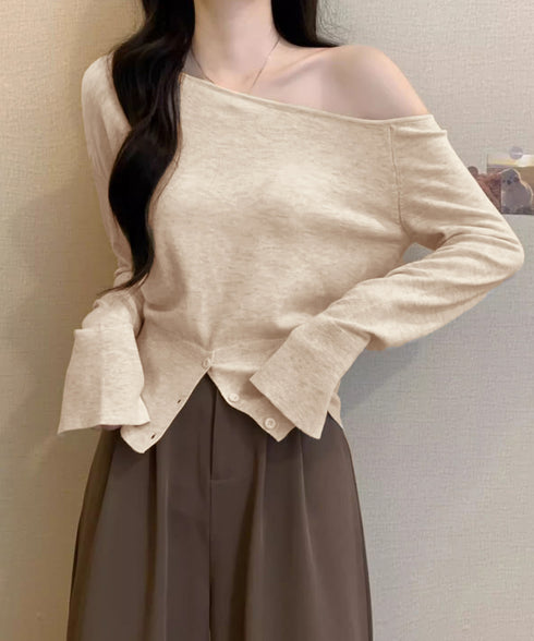 ワンショルダーニットトップス裾ボタン秋服 レディース 大人カジュアルニットプルオーバー きれいめ 肩出しニットウェア 肩見せ 長袖ニットセーター 韓国風ニットソー 24TPS-062