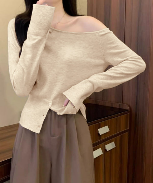 ワンショルダーニットトップス裾ボタン秋服 レディース 大人カジュアルニットプルオーバー きれいめ 肩出しニットウェア 肩見せ 長袖ニットセーター 韓国風ニットソー 24TPS-062