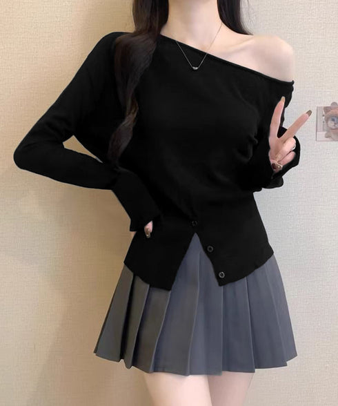 ワンショルダーニットトップス裾ボタン秋服 レディース 大人カジュアルニットプルオーバー きれいめ 肩出しニットウェア 肩見せ 長袖ニットセーター 韓国風ニットソー 24TPS-062