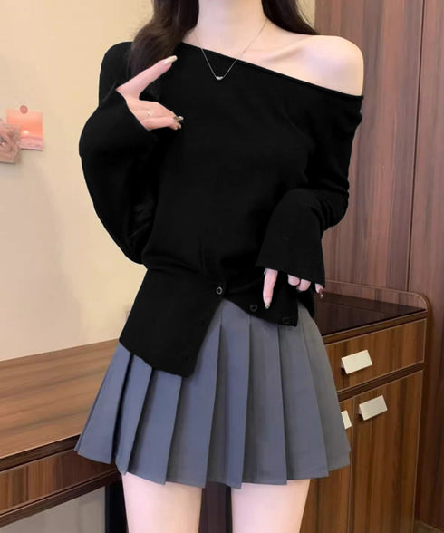 ワンショルダーニットトップス裾ボタン秋服 レディース 大人カジュアルニットプルオーバー きれいめ 肩出しニットウェア 肩見せ 長袖ニットセーター 韓国風ニットソー 24TPS-062