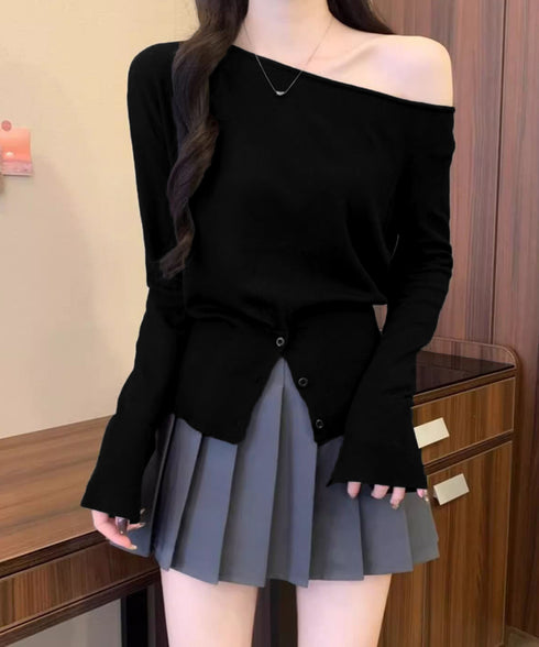 ワンショルダーニットトップス裾ボタン秋服 レディース 大人カジュアルニットプルオーバー きれいめ 肩出しニットウェア 肩見せ 長袖ニットセーター 韓国風ニットソー 24TPS-062