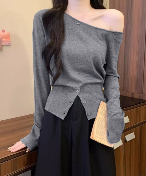 ワンショルダーニットトップス裾ボタン秋服 レディース 大人カジュアルニットプルオーバー きれいめ 肩出しニットウェア 肩見せ 長袖ニットセーター 韓国風ニットソー 24TPS-062