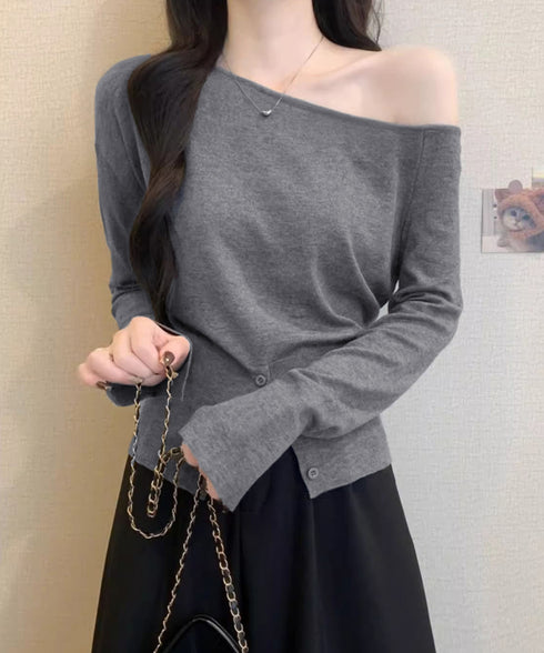 ワンショルダーニットトップス裾ボタン秋服 レディース 大人カジュアルニットプルオーバー きれいめ 肩出しニットウェア 肩見せ 長袖ニットセーター 韓国風ニットソー 24TPS-062