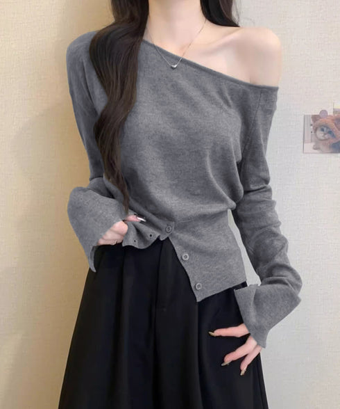 ワンショルダーニットトップス裾ボタン秋服 レディース 大人カジュアルニットプルオーバー きれいめ 肩出しニットウェア 肩見せ 長袖ニットセーター 韓国風ニットソー 24TPS-062