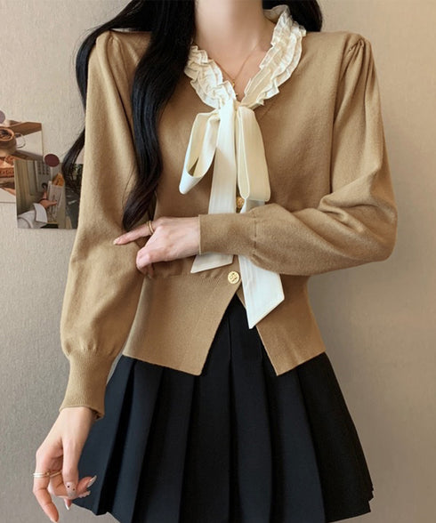 ボウタイニットトップス フリル襟 ニット レディース オフィスカジュアル リボンニットセーター 大人可愛い 着やせニットウェア おしゃれ ニットソー 着回し秋冬服 24TPS-063