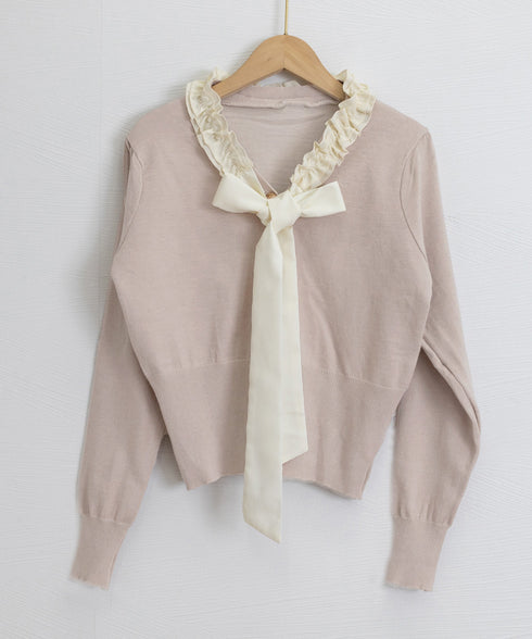 ボウタイニットトップス フリル襟 ニット レディース オフィスカジュアル リボンニットセーター 大人可愛い 着やせニットウェア おしゃれ ニットソー 着回し秋冬服 24TPS-063