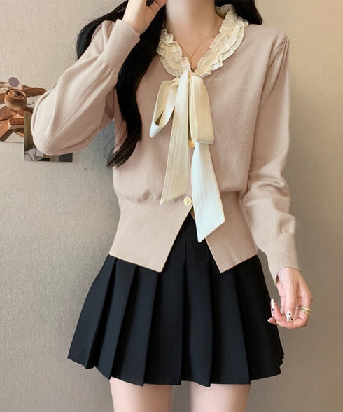 ボウタイニットトップス フリル襟 ニット レディース オフィスカジュアル リボンニットセーター 大人可愛い 着やせニットウェア おしゃれ ニットソー 着回し秋冬服 24TPS-063