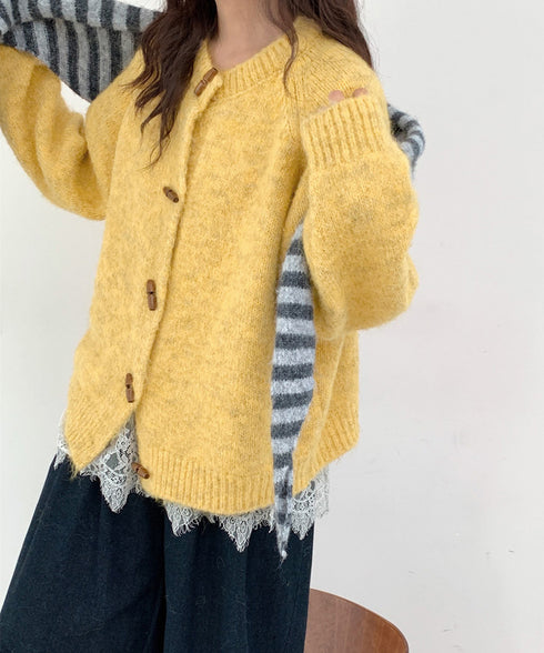 トグルボタンニットカーディガン長袖秋冬服 レディース おしゃれニットトップス きれいめカジュアル ニットセーター 丸首 韓国風ニット羽織 人気 前開き 無地ニット 24TPS-064