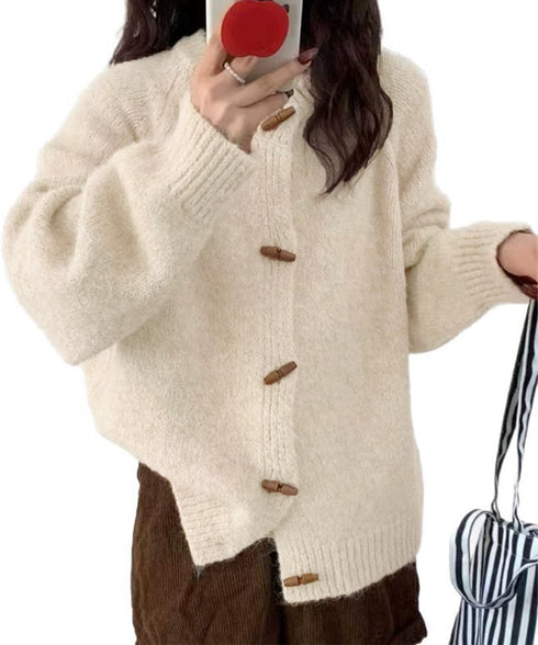 トグルボタンニットカーディガン長袖秋冬服 レディース おしゃれニットトップス きれいめカジュアル ニットセーター 丸首 韓国風ニット羽織 人気 前開き 無地ニット 24TPS-064