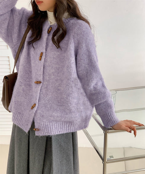 トグルボタンニットカーディガン長袖秋冬服 レディース おしゃれニットトップス きれいめカジュアル ニットセーター 丸首 韓国風ニット羽織 人気 前開き 無地ニット 24TPS-064