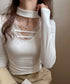 チョーカー風カットソーレース付きTシャツ レディース セクシー レースコンビトップス 着回し 細身Tシャツ オルチャン 着やせ 大人 無地レイヤード風トップス長袖 24TPS-065