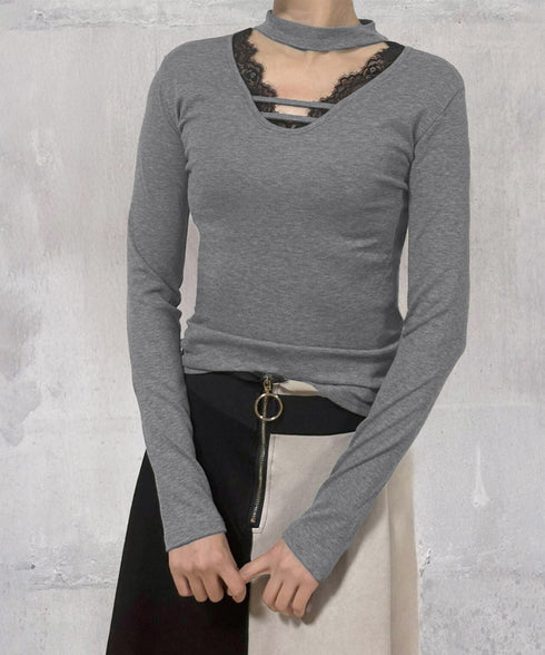 チョーカー風カットソーレース付きTシャツ レディース セクシー レースコンビトップス 着回し 細身Tシャツ オルチャン 着やせ 大人 無地レイヤード風トップス長袖 24TPS-065