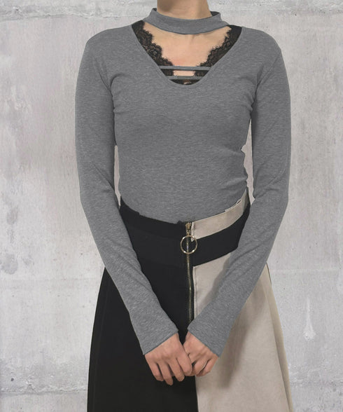 チョーカー風カットソーレース付きTシャツ レディース セクシー レースコンビトップス 着回し 細身Tシャツ オルチャン 着やせ 大人 無地レイヤード風トップス長袖 24TPS-065