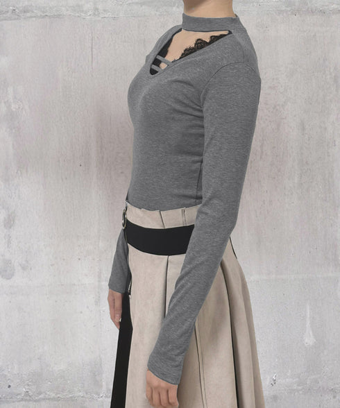 チョーカー風カットソーレース付きTシャツ レディース セクシー レースコンビトップス 着回し 細身Tシャツ オルチャン 着やせ 大人 無地レイヤード風トップス長袖 24TPS-065