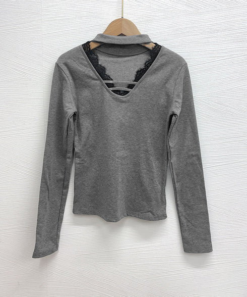 チョーカー風カットソーレース付きTシャツ レディース セクシー レースコンビトップス 着回し 細身Tシャツ オルチャン 着やせ 大人 無地レイヤード風トップス長袖 24TPS-065