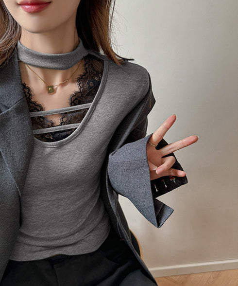 チョーカー風カットソーレース付きTシャツ レディース セクシー レースコンビトップス 着回し 細身Tシャツ オルチャン 着やせ 大人 無地レイヤード風トップス長袖 24TPS-065