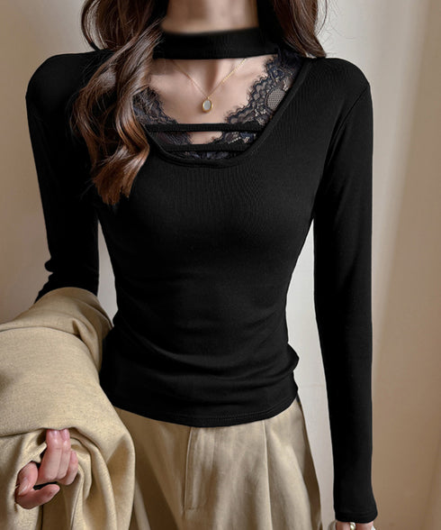チョーカー風カットソーレース付きTシャツ レディース セクシー レースコンビトップス 着回し 細身Tシャツ オルチャン 着やせ 大人 無地レイヤード風トップス長袖 24TPS-065