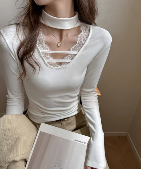 チョーカー風カットソーレース付きTシャツ レディース セクシー レースコンビトップス 着回し 細身Tシャツ オルチャン 着やせ 大人 無地レイヤード風トップス長袖 24TPS-065