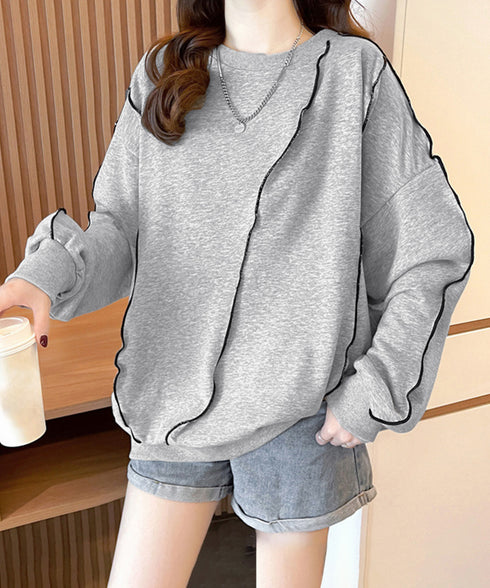 ステッチスウェット ゆったり トレーナー オーバーサイズ 長袖プルオーバー 体型カバー チュニックロンt ラウンドネック春秋服ビッグシルエット カジュアルトップス 24TPS-066