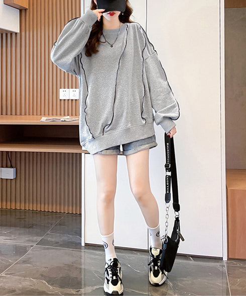 ステッチスウェット ゆったり トレーナー オーバーサイズ 長袖プルオーバー 体型カバー チュニックロンt ラウンドネック春秋服ビッグシルエット カジュアルトップス 24TPS-066