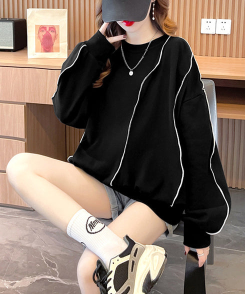 ステッチスウェット ゆったり トレーナー オーバーサイズ 長袖プルオーバー 体型カバー チュニックロンt ラウンドネック春秋服ビッグシルエット カジュアルトップス 24TPS-066