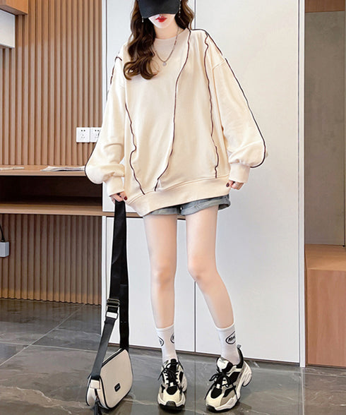 ステッチスウェット ゆったり トレーナー オーバーサイズ 長袖プルオーバー 体型カバー チュニックロンt ラウンドネック春秋服ビッグシルエット カジュアルトップス 24TPS-066