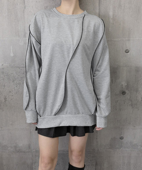 ステッチスウェット ゆったり トレーナー オーバーサイズ 長袖プルオーバー 体型カバー チュニックロンt ラウンドネック春秋服ビッグシルエット カジュアルトップス 24TPS-066