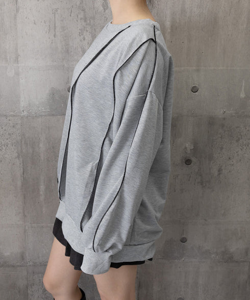 ステッチスウェット ゆったり トレーナー オーバーサイズ 長袖プルオーバー 体型カバー チュニックロンt ラウンドネック春秋服ビッグシルエット カジュアルトップス 24TPS-066