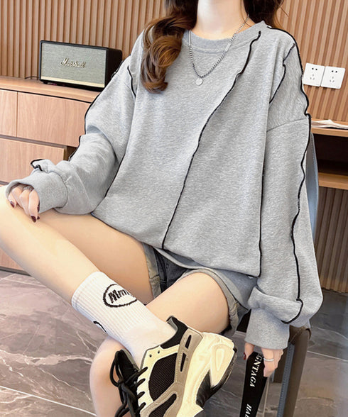 ステッチスウェット ゆったり トレーナー オーバーサイズ 長袖プルオーバー 体型カバー チュニックロンt ラウンドネック春秋服ビッグシルエット カジュアルトップス 24TPS-066