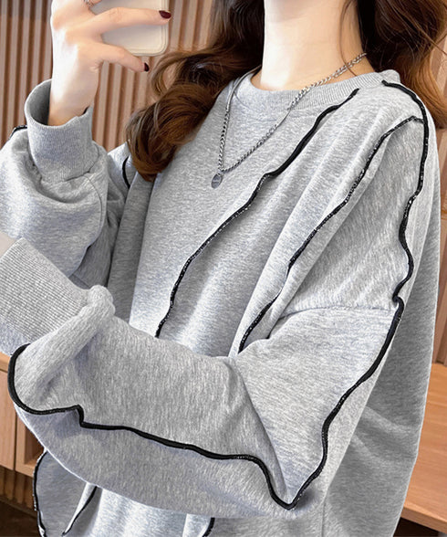 ステッチスウェット ゆったり トレーナー オーバーサイズ 長袖プルオーバー 体型カバー チュニックロンt ラウンドネック春秋服ビッグシルエット カジュアルトップス 24TPS-066