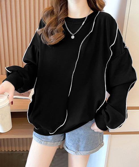 ステッチスウェット ゆったり トレーナー オーバーサイズ 長袖プルオーバー 体型カバー チュニックロンt ラウンドネック春秋服ビッグシルエット カジュアルトップス 24TPS-066