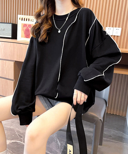 ステッチスウェット ゆったり トレーナー オーバーサイズ 長袖プルオーバー 体型カバー チュニックロンt ラウンドネック春秋服ビッグシルエット カジュアルトップス 24TPS-066