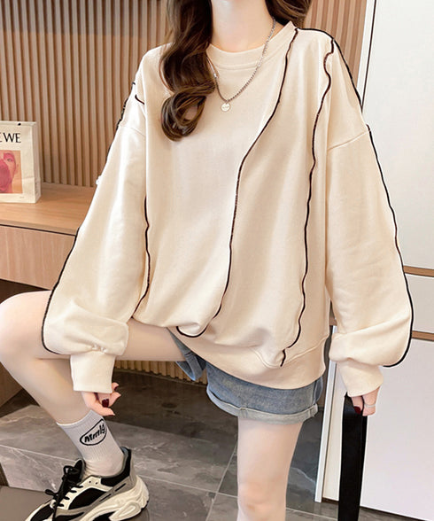 ステッチスウェット ゆったり トレーナー オーバーサイズ 長袖プルオーバー 体型カバー チュニックロンt ラウンドネック春秋服ビッグシルエット カジュアルトップス 24TPS-066