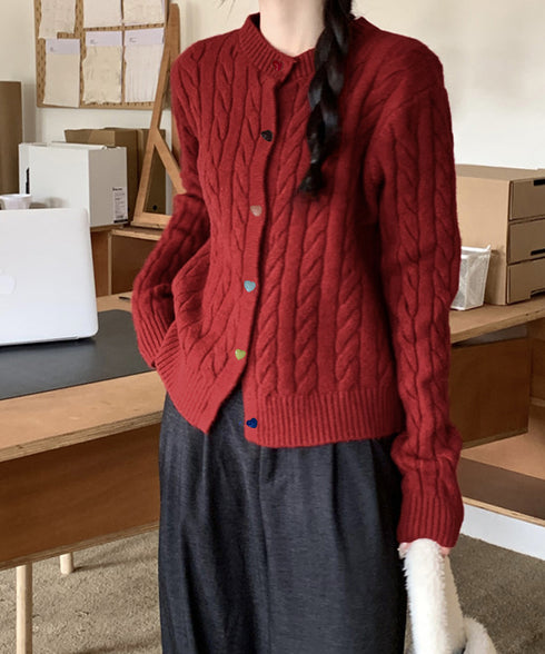 ケーブルニットカーディガン 前開きニット レディース カラーハートボタンニットトップス クルーネックニットセーターきれいめカジュアル ニットアウター お洒落秋冬服 24TPS-067