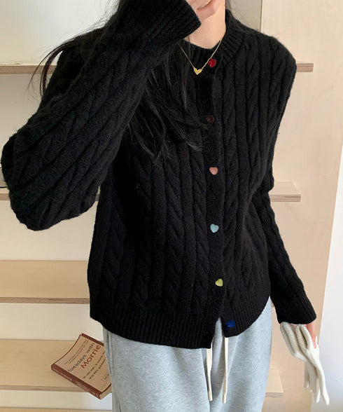 ケーブルニットカーディガン 前開きニット レディース カラーハートボタンニットトップス クルーネックニットセーターきれいめカジュアル ニットアウター お洒落秋冬服 24TPS-067