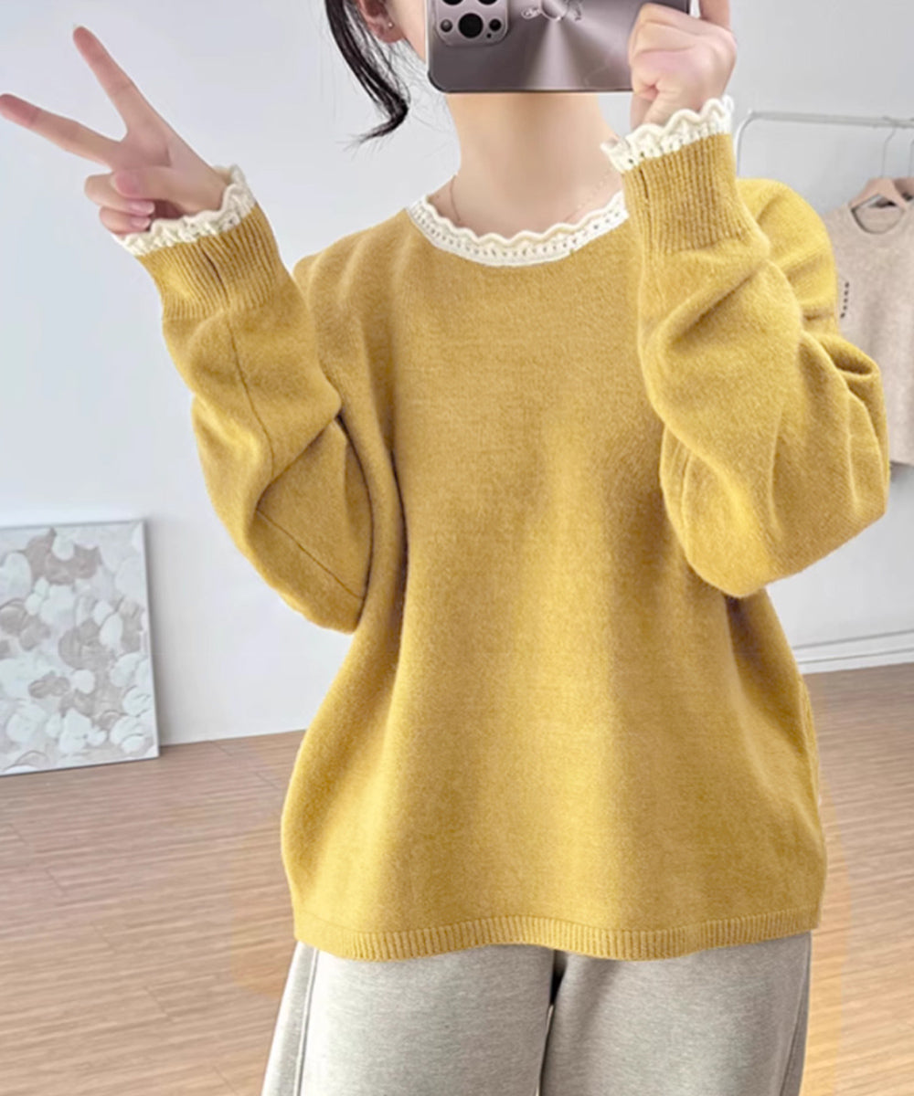 配色ニットプルオーバーラウンドネック秋服