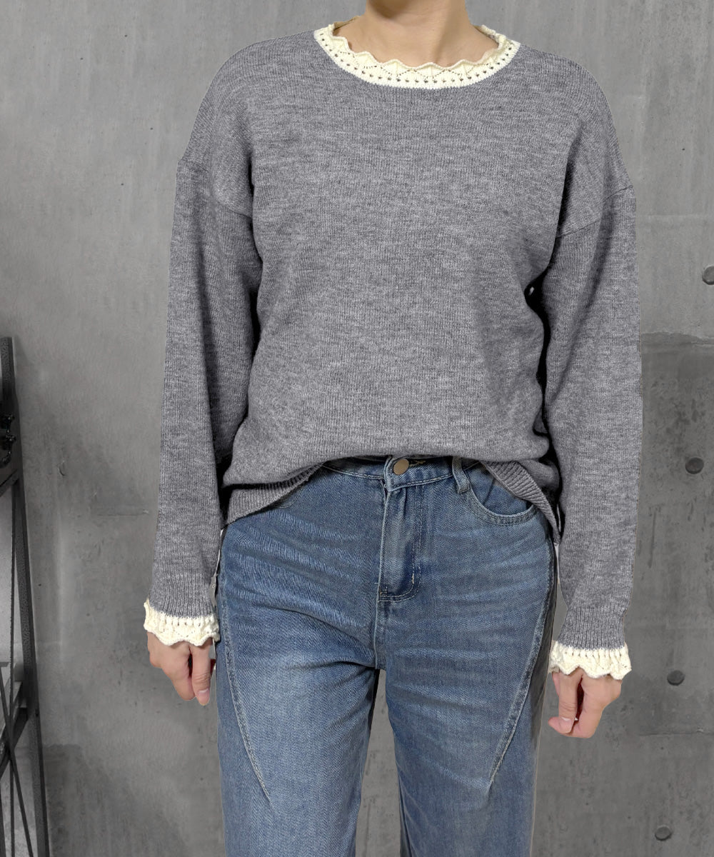 配色ニットプルオーバーラウンドネック秋服